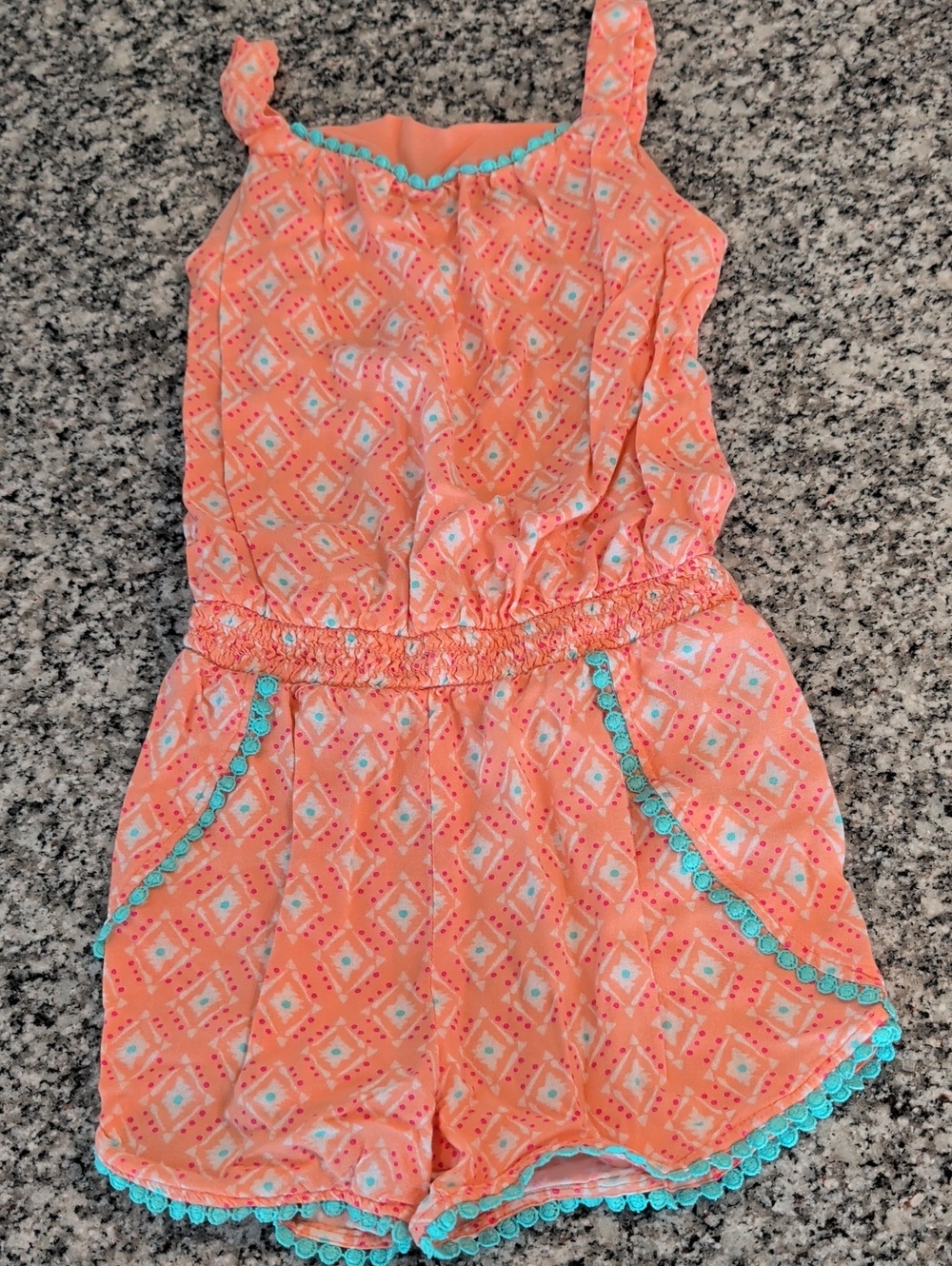 Cherokee Coral Geo Print Romper with Teal Trim